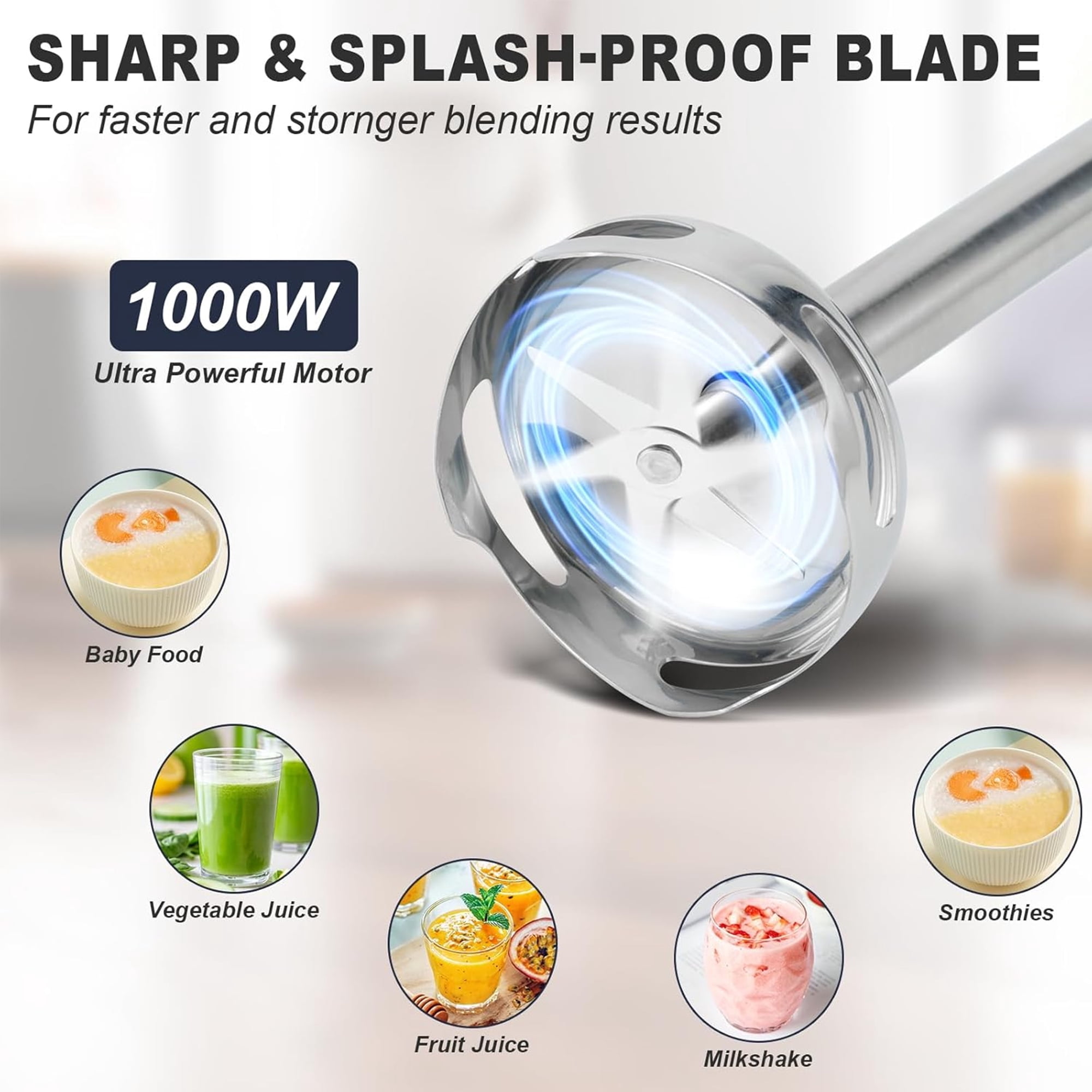 1000W Immersion Blender Handheld 4-in-1 Hand Blender Stick, Handheld Blender Stick Mixer with Egg Whisk, 700ml Beaker & 500ml Chopper Bowl