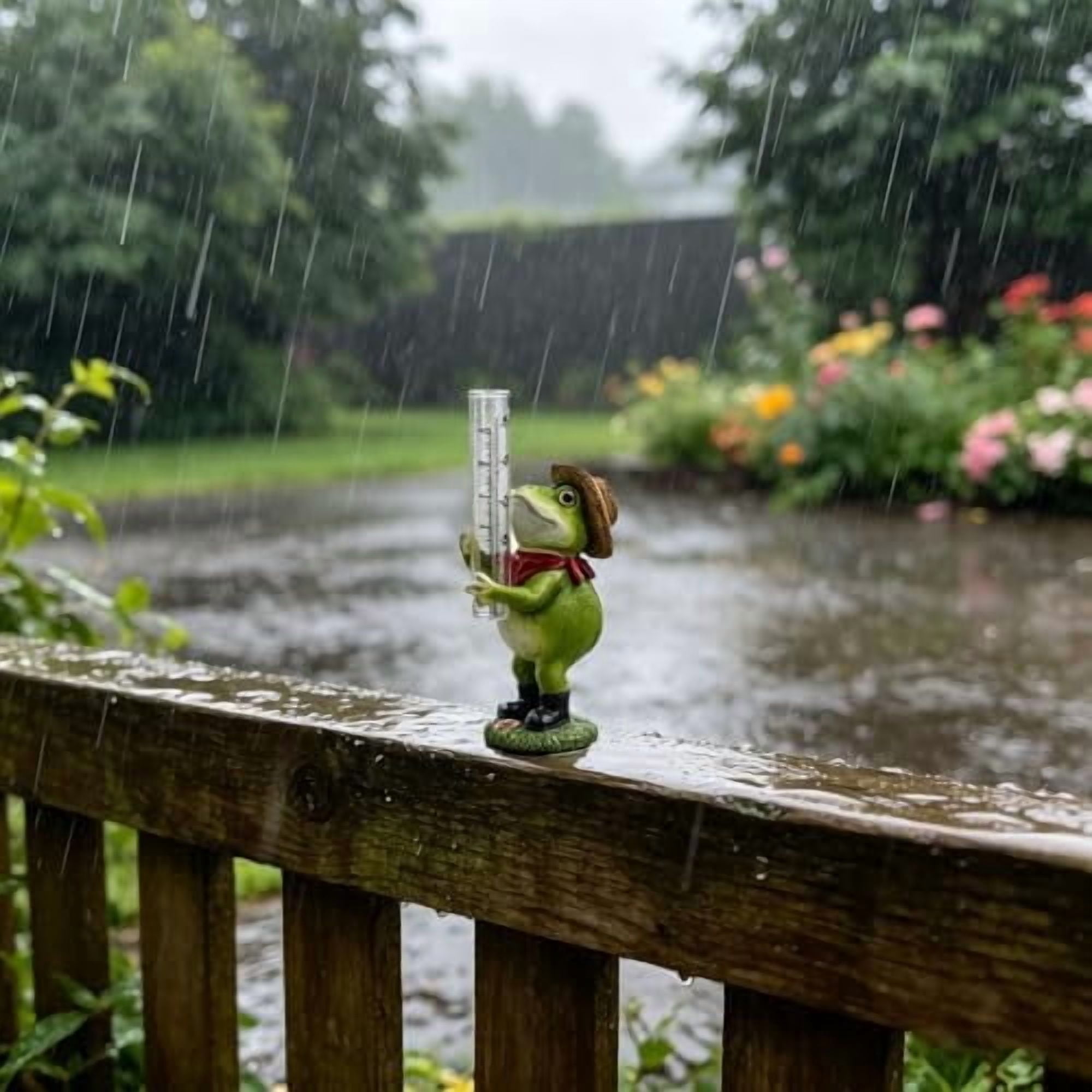 Resin Frog Rain Gauge with Glass Tube, Outdoor Yard Garden Decor