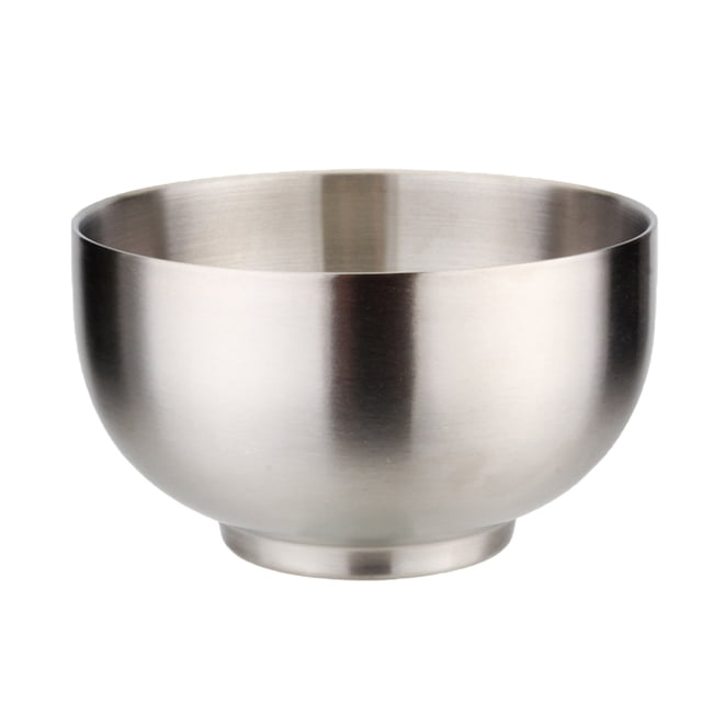 tazones de acero inoxidable 304 sunnimix sopa plato de arroz ensalada 14x9cm Tazón plateado de doble pared, vista frontal centrada con silueta redonda y base corta, superficie cepillada lisa; apto para sopa, arroz y ensaladas; a menudo usado también para mezclar salsas.