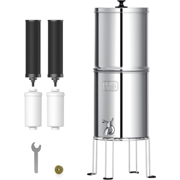 AQUA CREST Gravity Water Filter System, 304 Stainless Steel Countertop System with 4 Filters and Anti-Slip Stand, Reduce Fluoride and Chlorine, 2.25G, for Home, Camping, RVing, Off-Grid, Emergencies