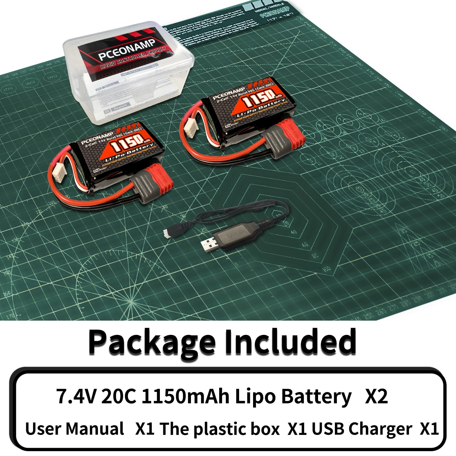 PCEONAMP 2S Lipo Battery 1150mAh 7.4V Burst 40C with T Plug  RC Battery Fit for HBX  18858 18859 18859A 16890A  2196 ,  and Most 1/12, 1/16, 1/18 Scale RC Car Truck with 1 USB Charger （2packs）