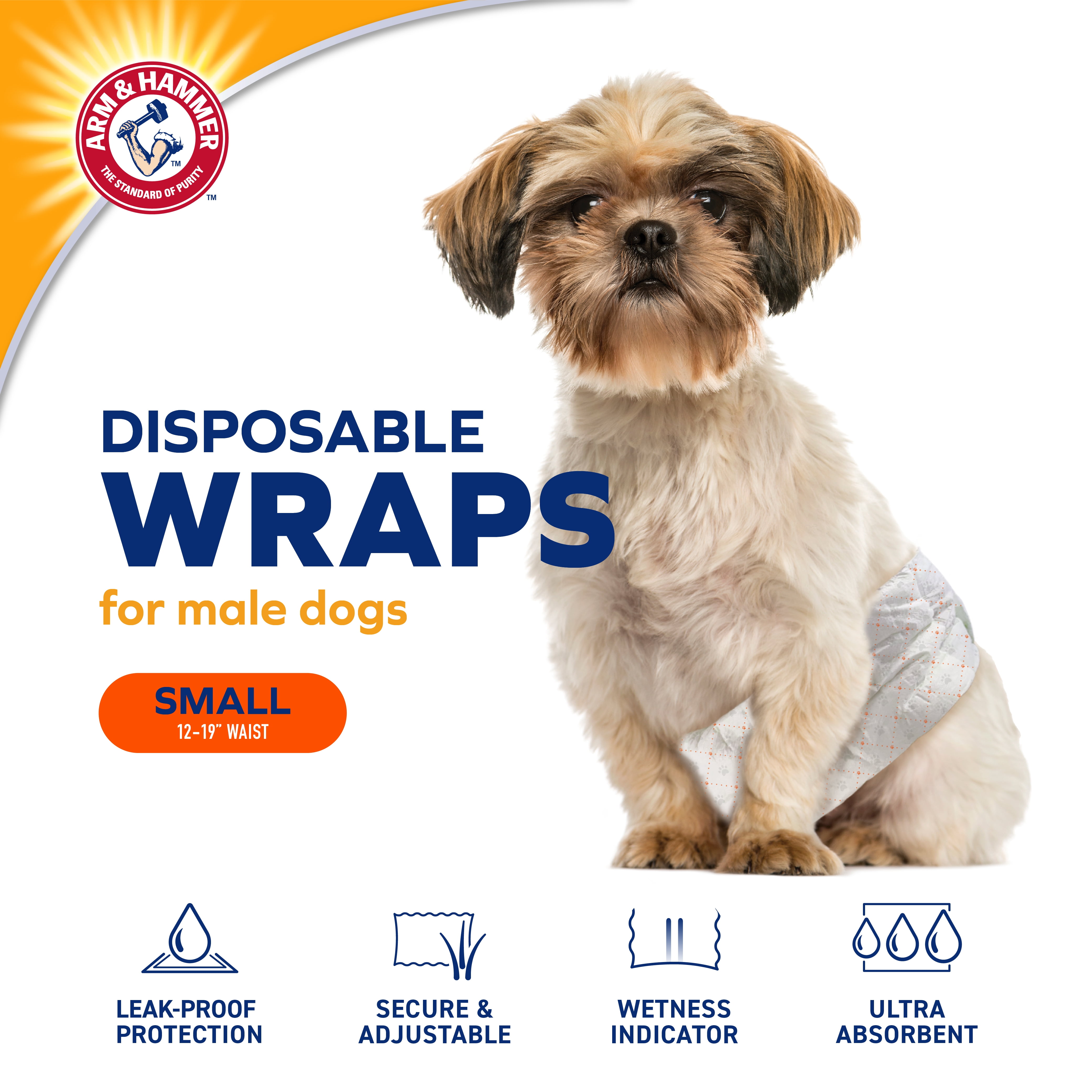 Arm & Hammer Male Dog Wraps, Size Small, 12 Count | Ultra-Absorbent with Wetness Indicator
