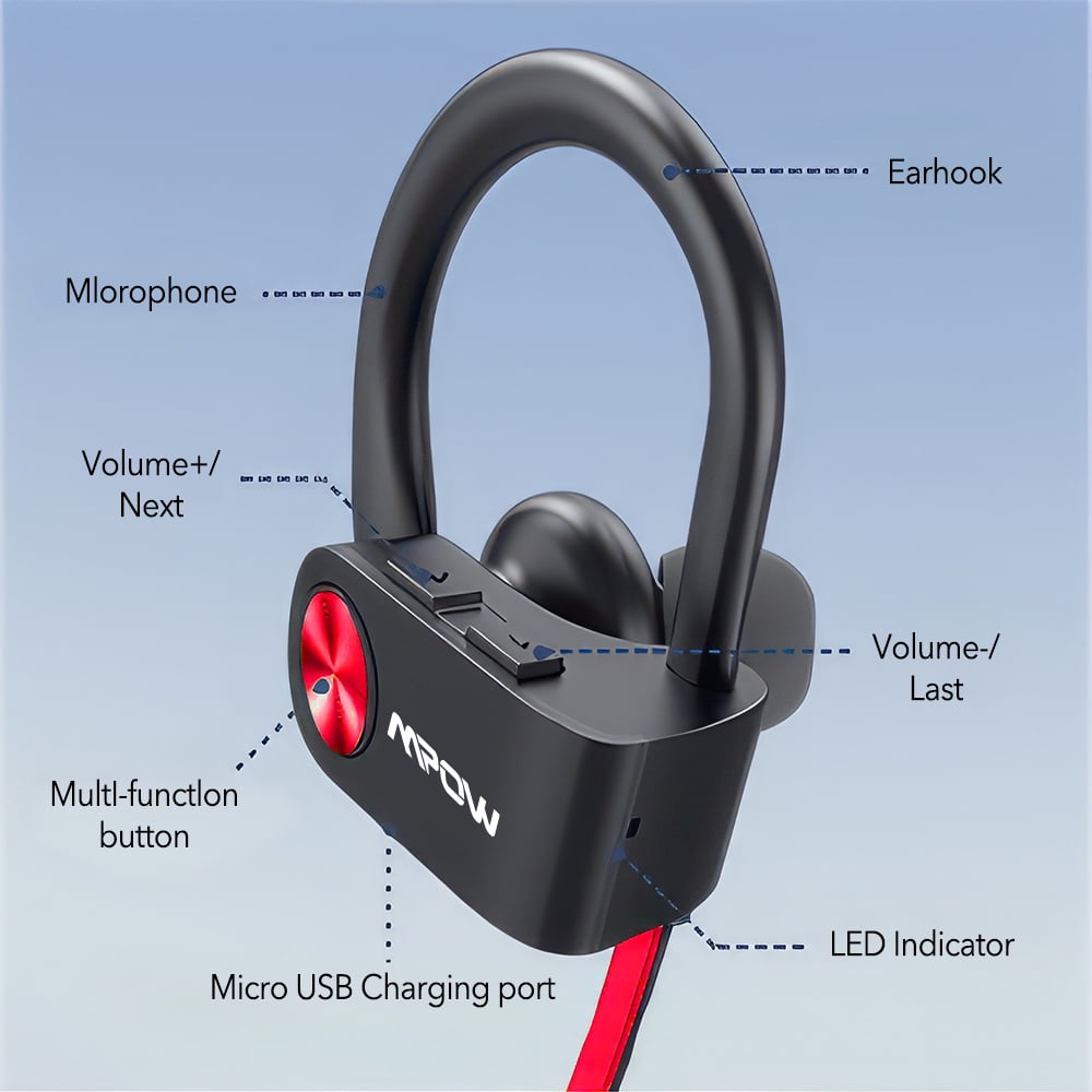 Mpow Wireless Sports Earbuds, Flame Bluetooth 5.3 Headphones with Mic IPX7 Waterproof Stereo Sweatproof in-Ear Earphones, Noise Cancelling Headsets, Black&Red