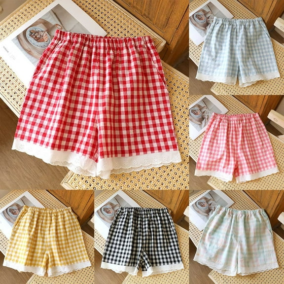 Swuxness Women's Casual Home Pajamas Pants, Women Short Pajamas Pants, Women Plaid Print Shorts Lightweight Relaxed Fitted Sleepwear with Satin Comfortable Home Wear Pink, M