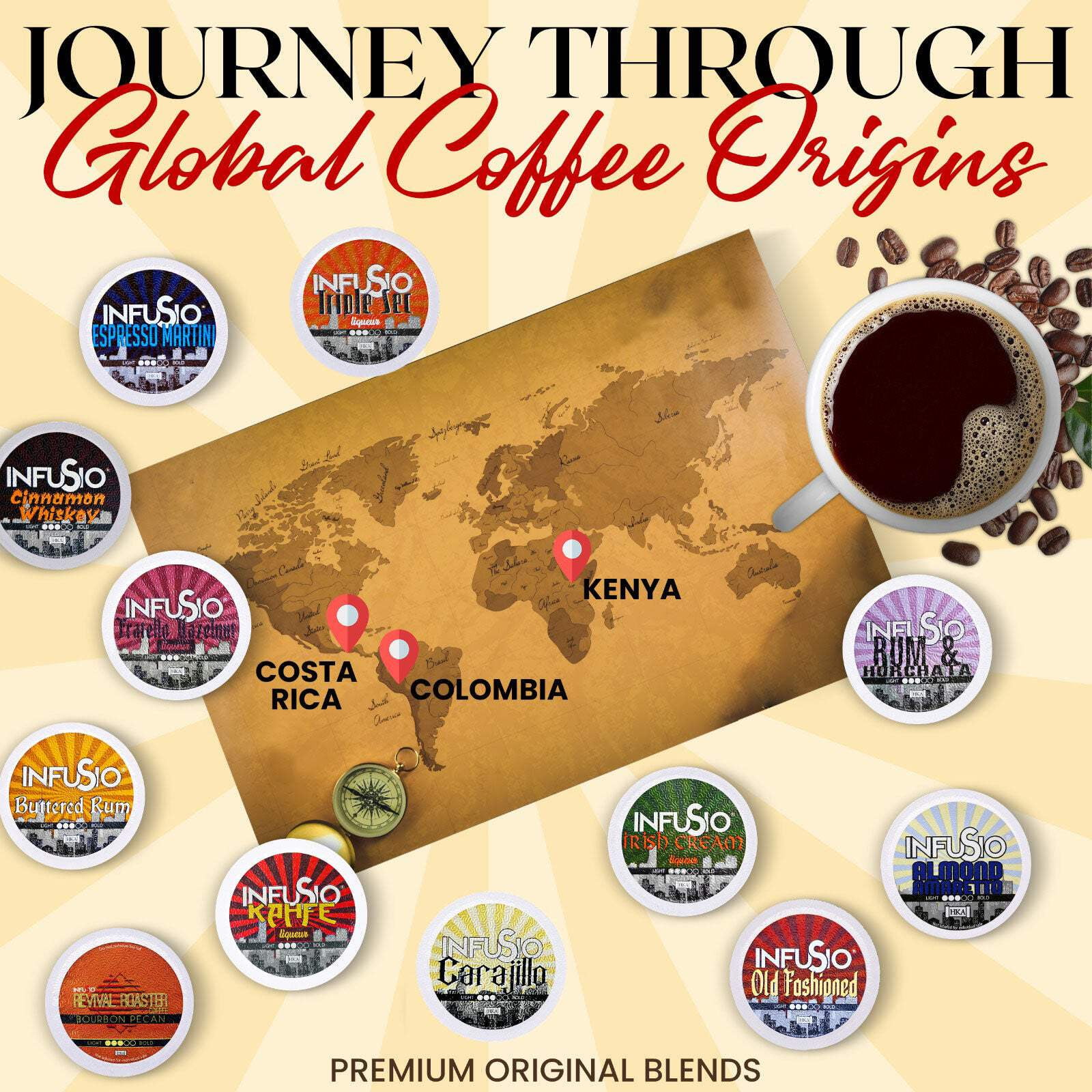 InfuSio Spirited Sips: Cask  Coffee Collection, Cocktail-Inspired Coffee Pods – 120 Count Variety Pack, 12 Flavors, Medium Roast, Compatible with Keurig Brewers