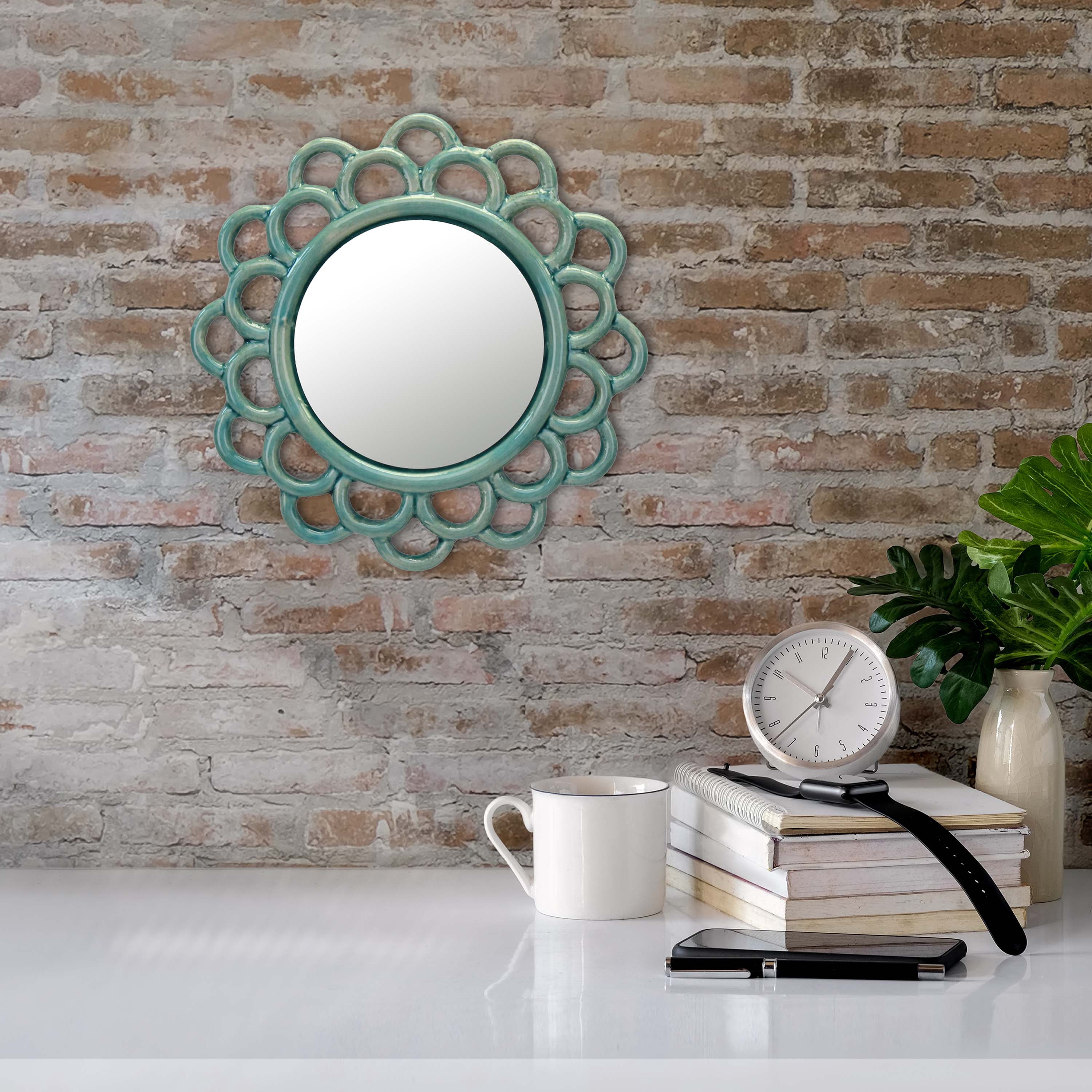 Stonebriar 9" Circle Ceramic Cutout Hanging Wall Mirror, Turquoise