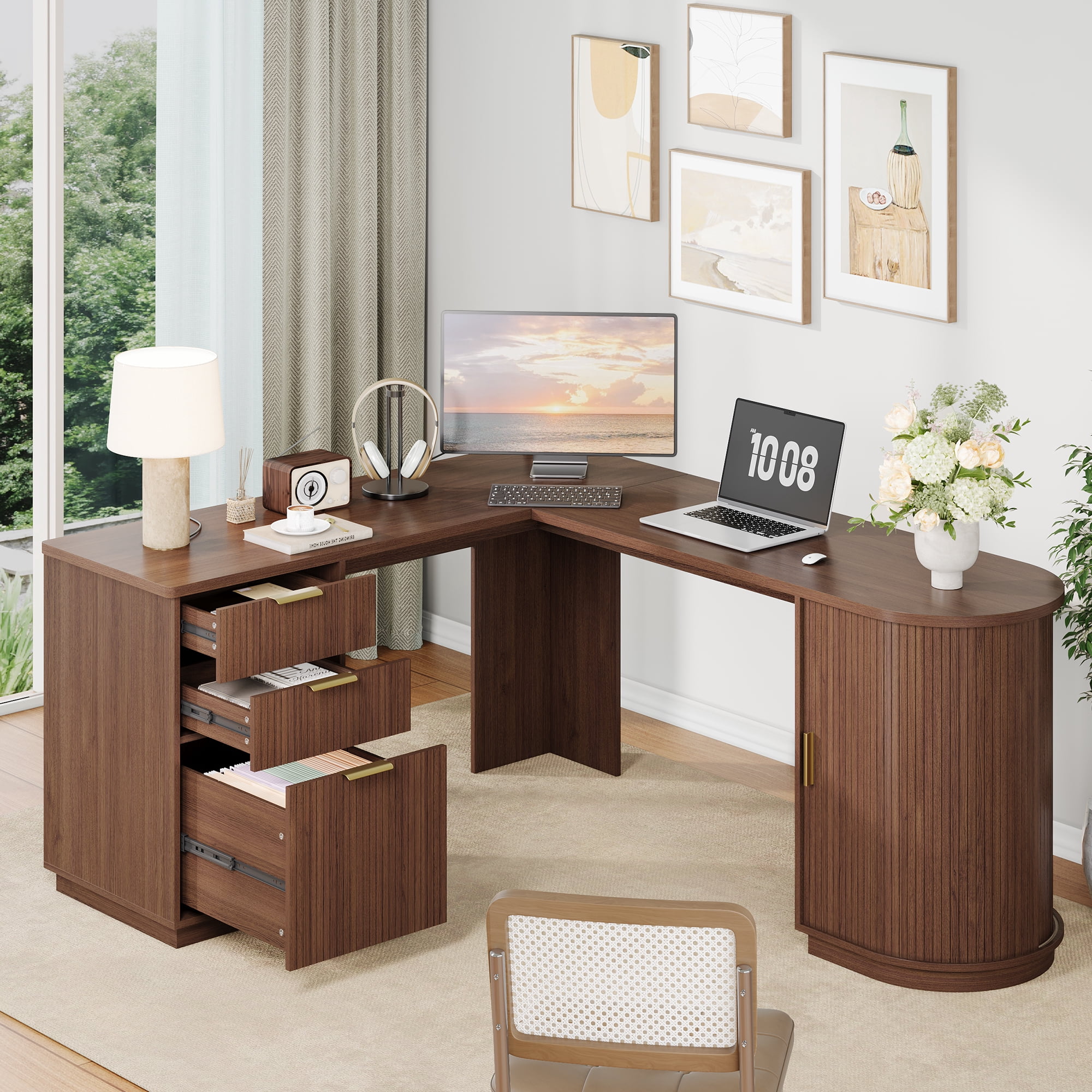 67 Inch Fluted L Shaped Desk, Mid Century Modern Corner Desk with Drawers and  Charging Station, Home Office Executive Wooden Computer Desk with Storage Cabinet & File Drawer, Walnut