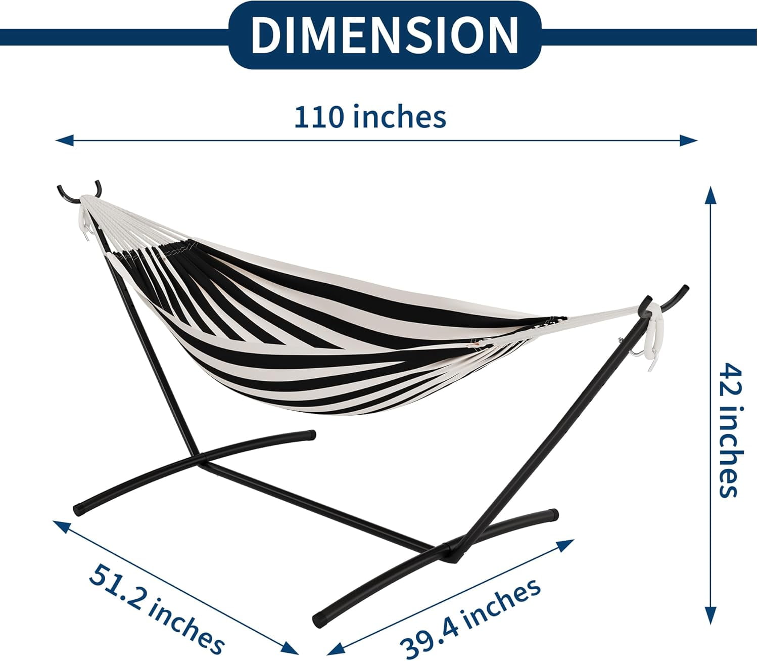 Double Hammock with Stand - Heavy Duty 450lbs Capacity, Portable Cotton Hammock for Two Adults, Indoor & Outdoor Use with Travel Bag, Black&White Stripe Pattern