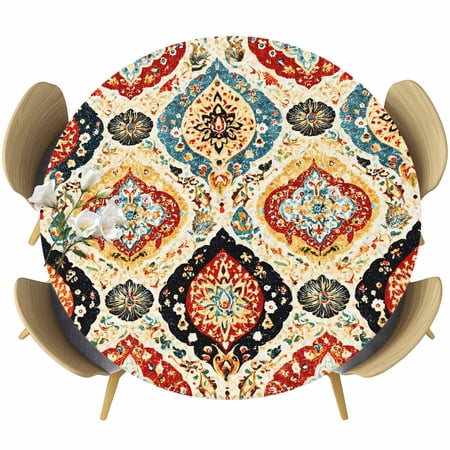 Abstract Moroccan Round Tablecloth 36-44 Inch Round Fitted Table Cloth with Elastic Edge Vintage Bohemia Geometric Floral Pattern Waterproof Table Cover Protector for Outdoor Picnic Party Dining