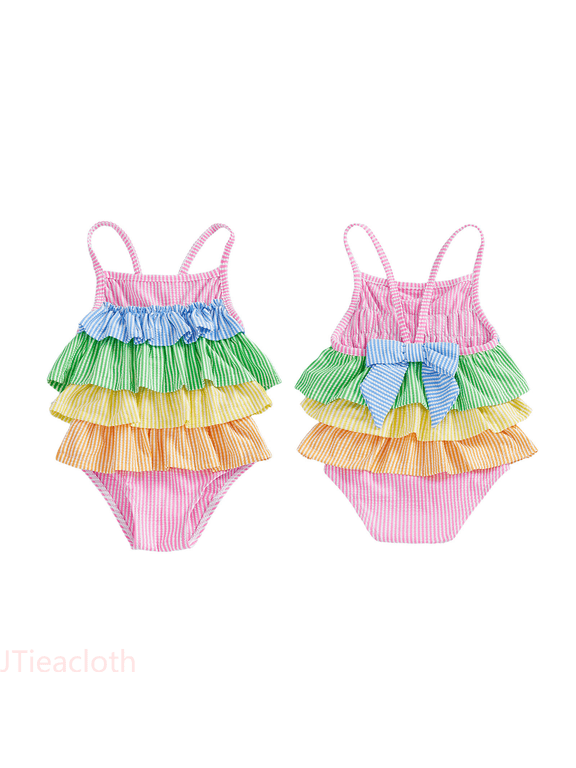 Girls Swimsuit Cute Rainbow Birthday Cake Print Swimwear For Toddlers And Kids,Sizes 18-24 Months