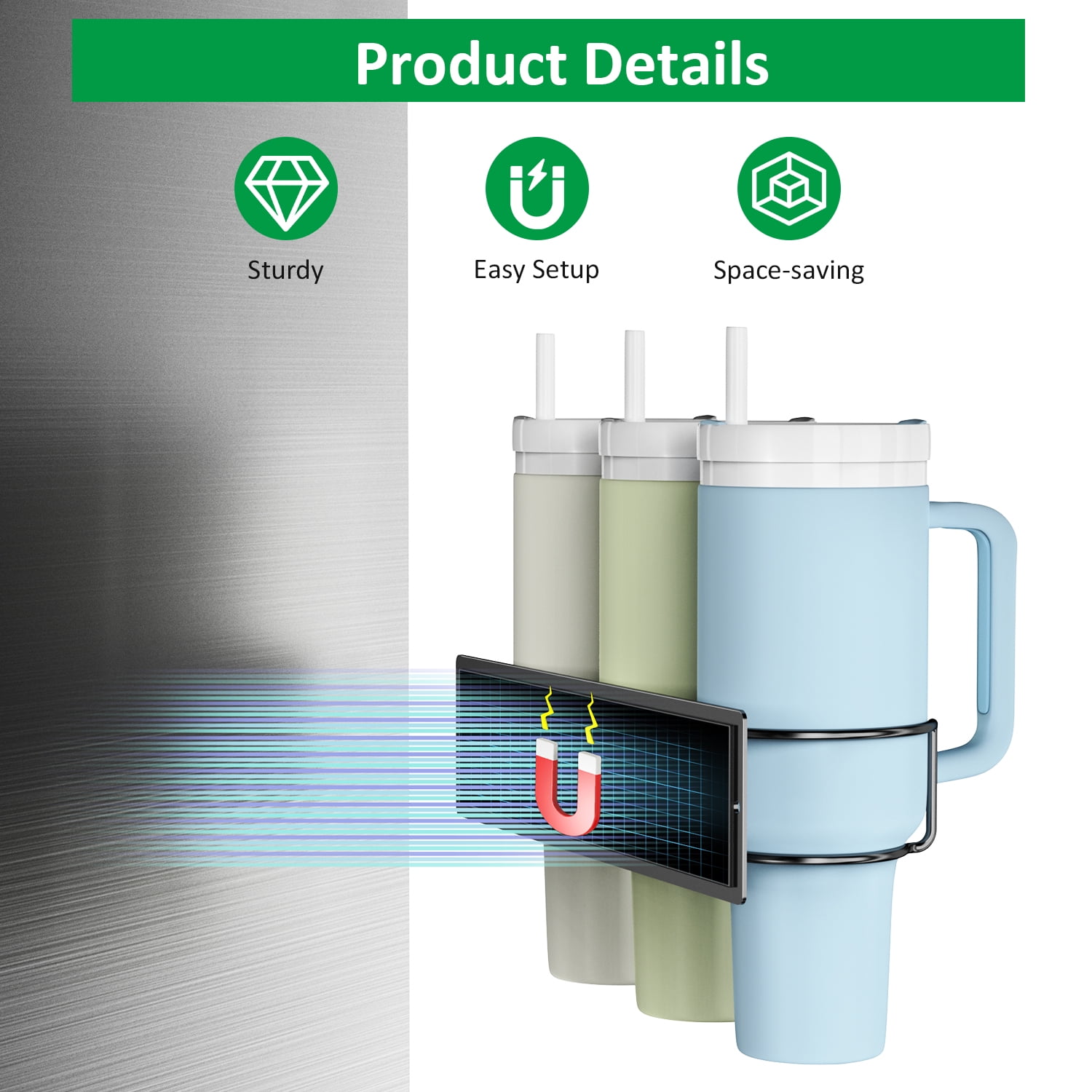 FOUKUS Magnetic Water Bottle Organizer – 2 Pack 40 oz Tumbler Cup Holder Compatible with Stanley Cup, with Extra Lid Hanger, Stainless Steel Cup Storage, Space-Saving for Fridge and Beverage Machine