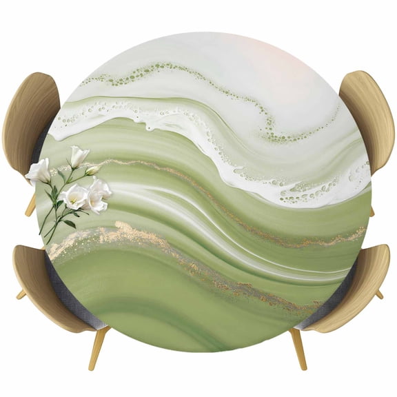 Green Abstract Round Tablecloth 45-54 Inch Round Fitted Table Cloth with Elastic Edge, Waves Gradient Water Ripple Striped Waterproof Table Cover Protector for Outdoor Picnic Party Dining