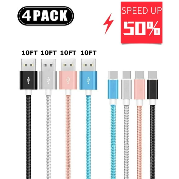 Yafe TC-6FT-4PK 10' Type C USB to C Charger Cable, Multicolors, 4 Pack