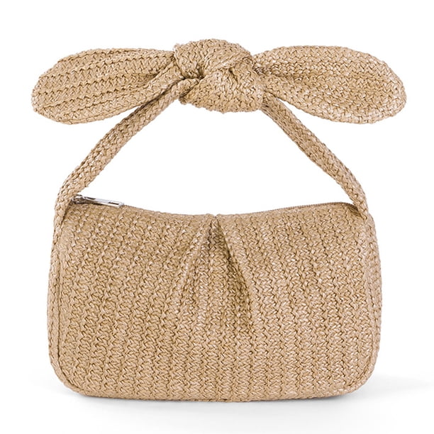 Bolso Paja Turístico Embrague Plisado Con Lazo (beige) Albaricoque