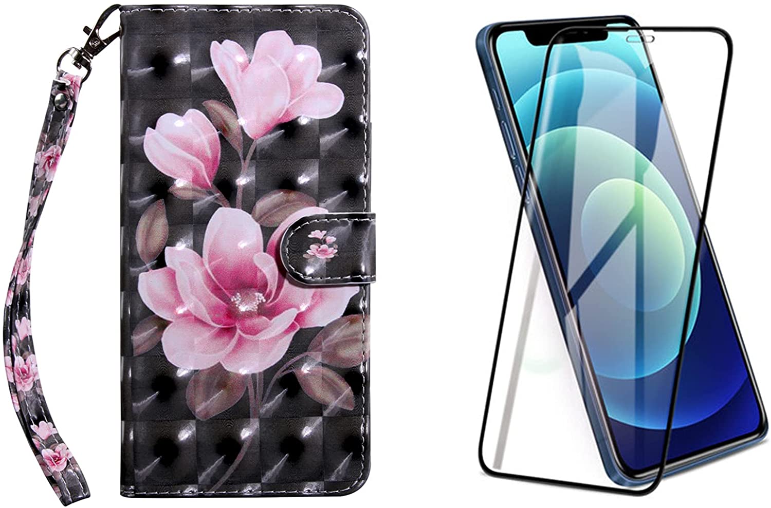 Suitable for 6.1 Inch iPhone 12 and Ipone 12 Pro Pu+Ptu Material Dustproof Shockproof Drop Flip Phone Case + 0.4mm Thick HD Anti-Drop Tempered Phone Protective Film Set