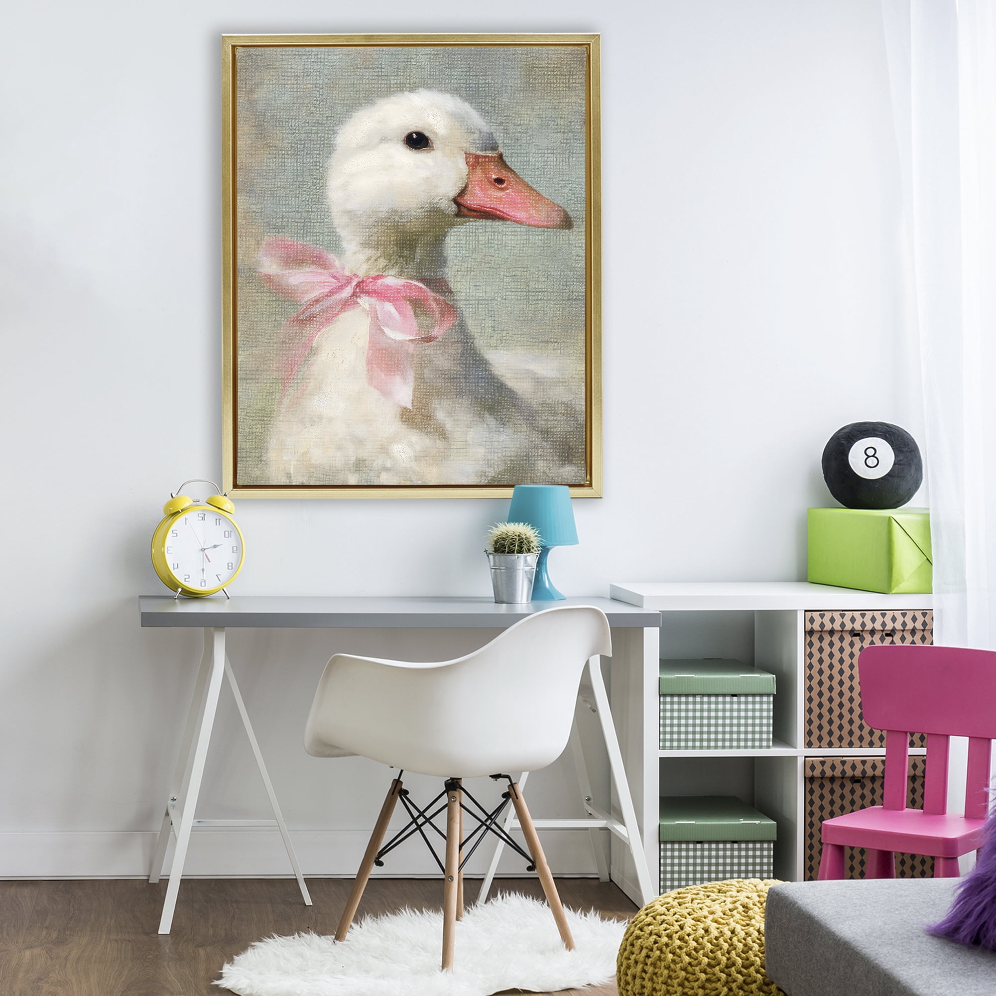 Stupell Industries Portrait of Pink Bow Goose Gold Framed Floater Canvas Wall Art, design by LSR Design Studio