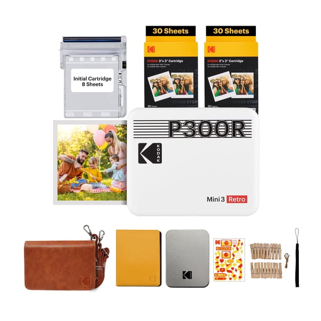 KODAK Mini 3 Retro 4PASS Impresora de Fotos Portátil (7,6x7,6cm) + Pack de Regalo con 68 Hojas, Blanco