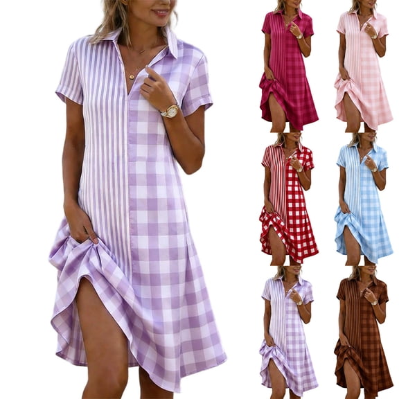 Lovzfmll Shirt Dress for Women, Collared Short Sleeve, Casual Mid-Length Dress Purple, S