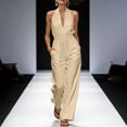 thumbnail image 6 of Kilaqueen Halter Jumpsuits for Women Deep V Neck Sleeveless Elegant Dressy Jumpsuits Casual Cinched Waisted Wide Leg Jumpsuit Boho One Piece Romper with Pockets, 6 of 7