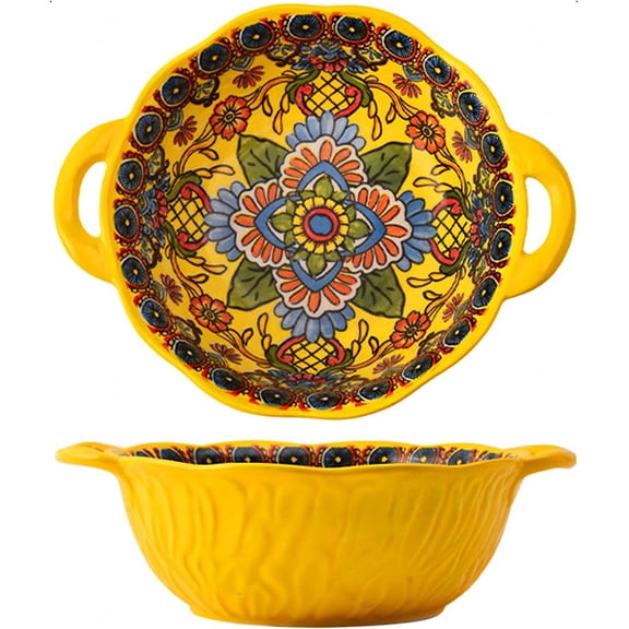 2  Boho Ceramic Serving Bowls with Handles, 40 Oz Porcelain Salad Bowls, Large Serving Dishes for Entertaining, Mixing Bowls for Soup, Stew, Pasta, Cereal, Colorful Embossed Cute Bowls Set HH