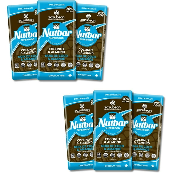 Zazubean Organic Chocolates Nutbar Coconut & Almond Dark Chocolate Bars with Acerola Cherry (6 x 85g)