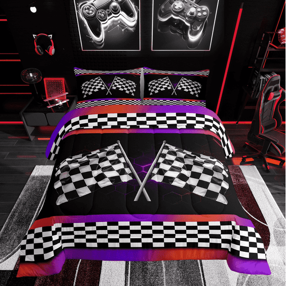 Erosebridal Race Checkered Bedding Twin Comforter Set, Sports Down Comforter, Neon Honeycomb Decor, Breathable 2pcs