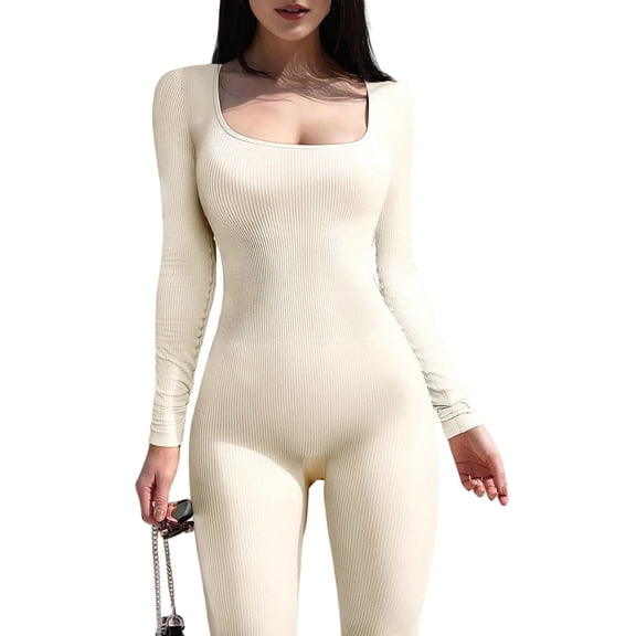 Women'S Workout Seamless Jumpsuit Yoga Ribbed One-Piece Long Sleeve Leggings Romper Color S