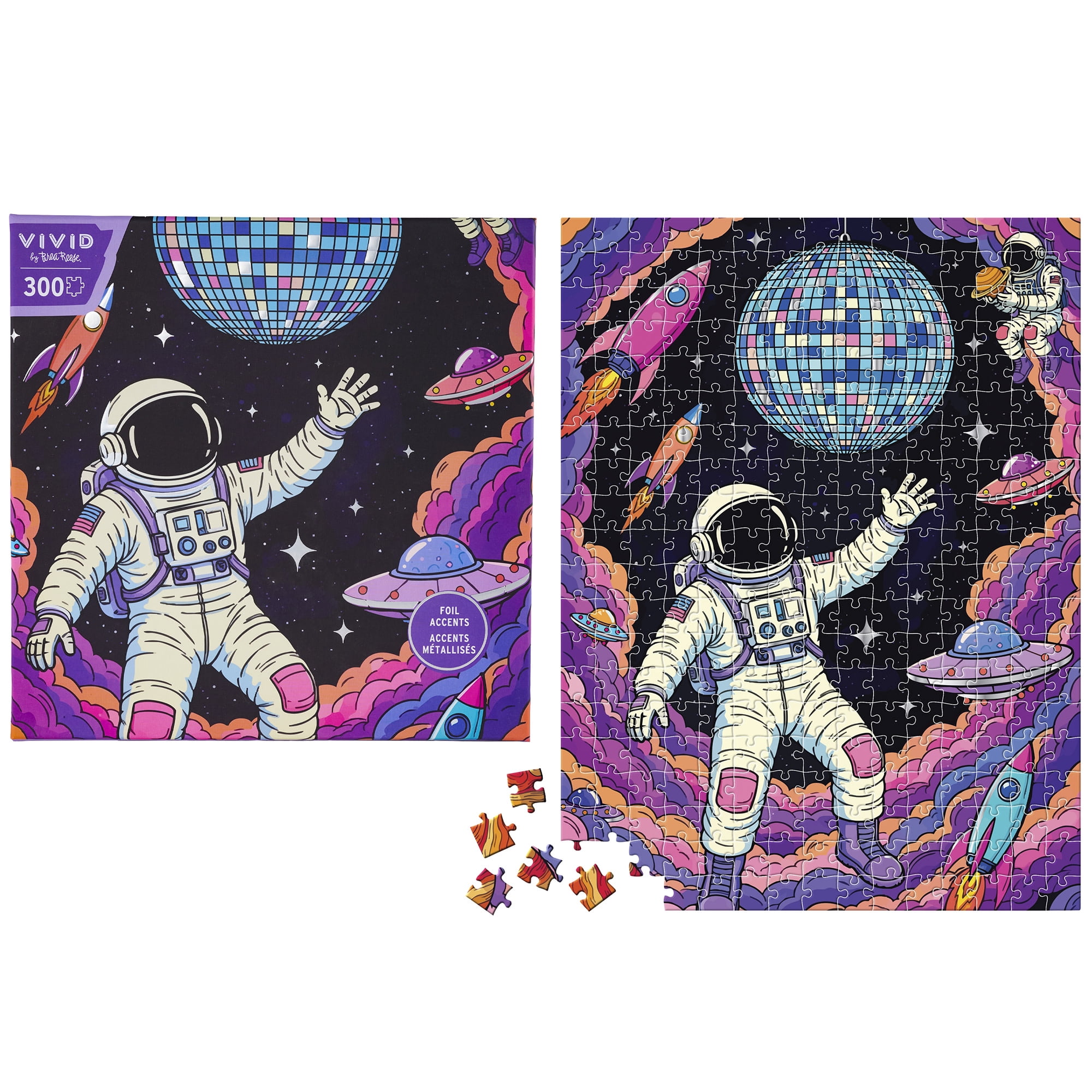 Vivid by Brea Reese: 300 Piece Puzzle - Disco Orbit - Astronaut Space Dance Scene Jigsaw, Soft-Touch Pieces, Metallic Foil, Image Reference Poster