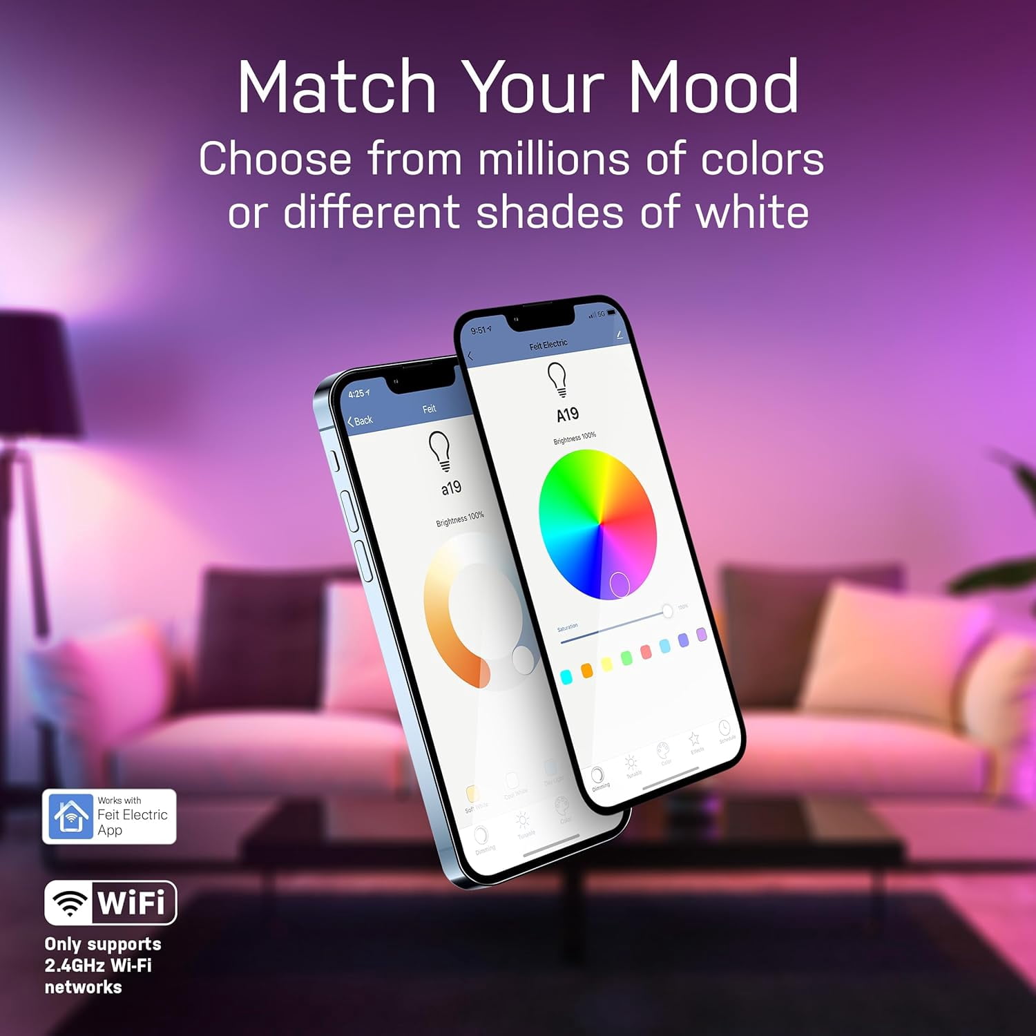 FEFEFW-OM60/RGBW/CA/AG/3 60 Watt Equivalent WiFi Color Changing and Tunable White, Dimmable, No Hub Required, Alexa or Google Assistant A19 LED Smart Light Bulb, 3-Pack, Rgbw Multicolor, 60W