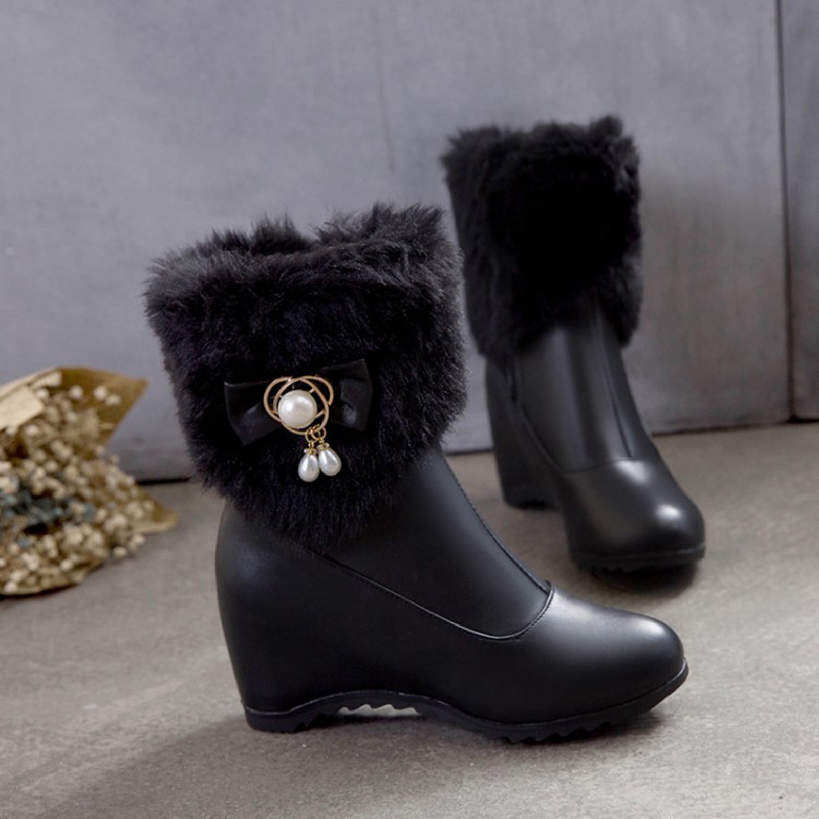 EGNMCR Knee High Boots Women Warm Solid Boots Round Toe Bow Booties Wedge High Heel Boots Shoes Walmart