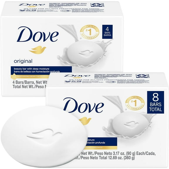 Dove Soap, Original Beauty Bar 2-Pack (8 Soap Bars) – 3-in-1 Moisturizing Face, Body & Hand Soap, 3.17 Oz Ea
