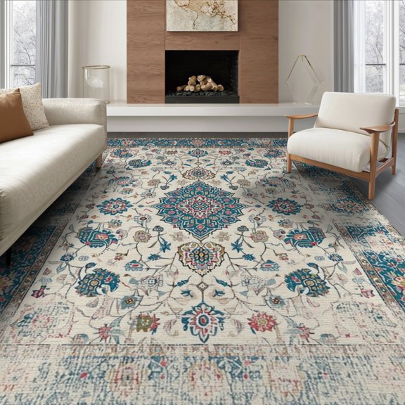 ODIKA 8'x10' Washable Area Rug Livingroom Vintage Boho Ornate Center Motif Large Distressed for Living Room, Under Sectional, Family , Durable, Non-Slip