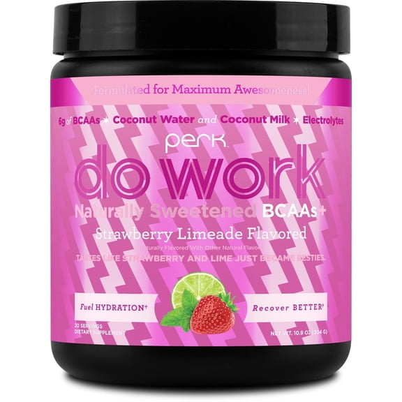 Perk Do Work Naturally Sweetened BCAA   Hydration Electrolytes Powder (Strawberry Limeade) 20 Servings - with Coconut Water & Coconut Milk