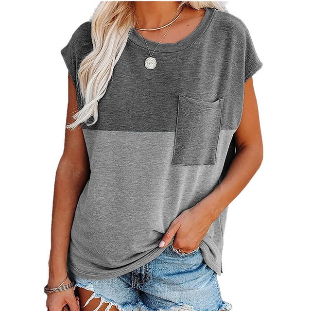 Nouveaux T-Shirts Décontractés Amples pour Femmes Design Assorti de Couleurs Poche Décor Col Rond Manches Courtes Pulls Top