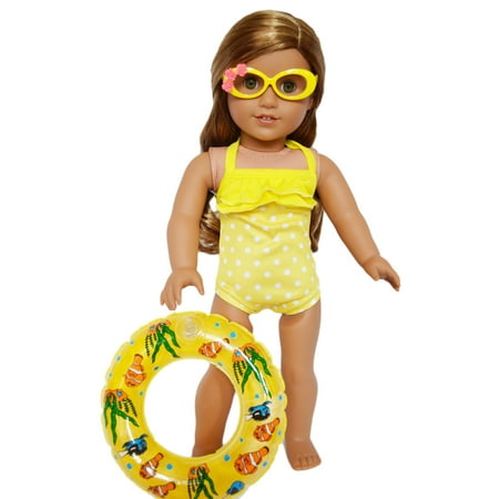Oval Glass Doll - My Brittany's Yellow Polka Dot Swimsuit with Inflatable Swim Ring for American Girl Dolls-includes glasses- 18 inch doll clothes and accessories