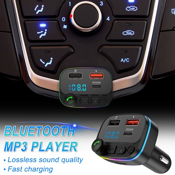Binmer Car Bluetooth 5.0 Wireless Handsfree Car FM Transmitter Receiver Radio MP3 Adapter Player 2 USB+PD Charger Kit