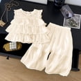 thumbnail image 2 of Pandaie 2-10Y Baby Girl Clothes Ruffle Smocked Sleeveless 3 Layered Tutu Shirt Tops Wide Leg Baggy Pants Toddler Summer Beach Outfit White 130(7-8 Years), 2 of 8