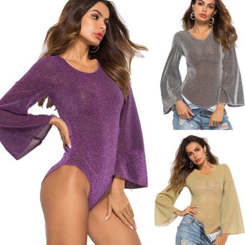 Women´s Long Sleeves Stretchy Mesh Bodysuit Crewneck Jumpsuit Tops