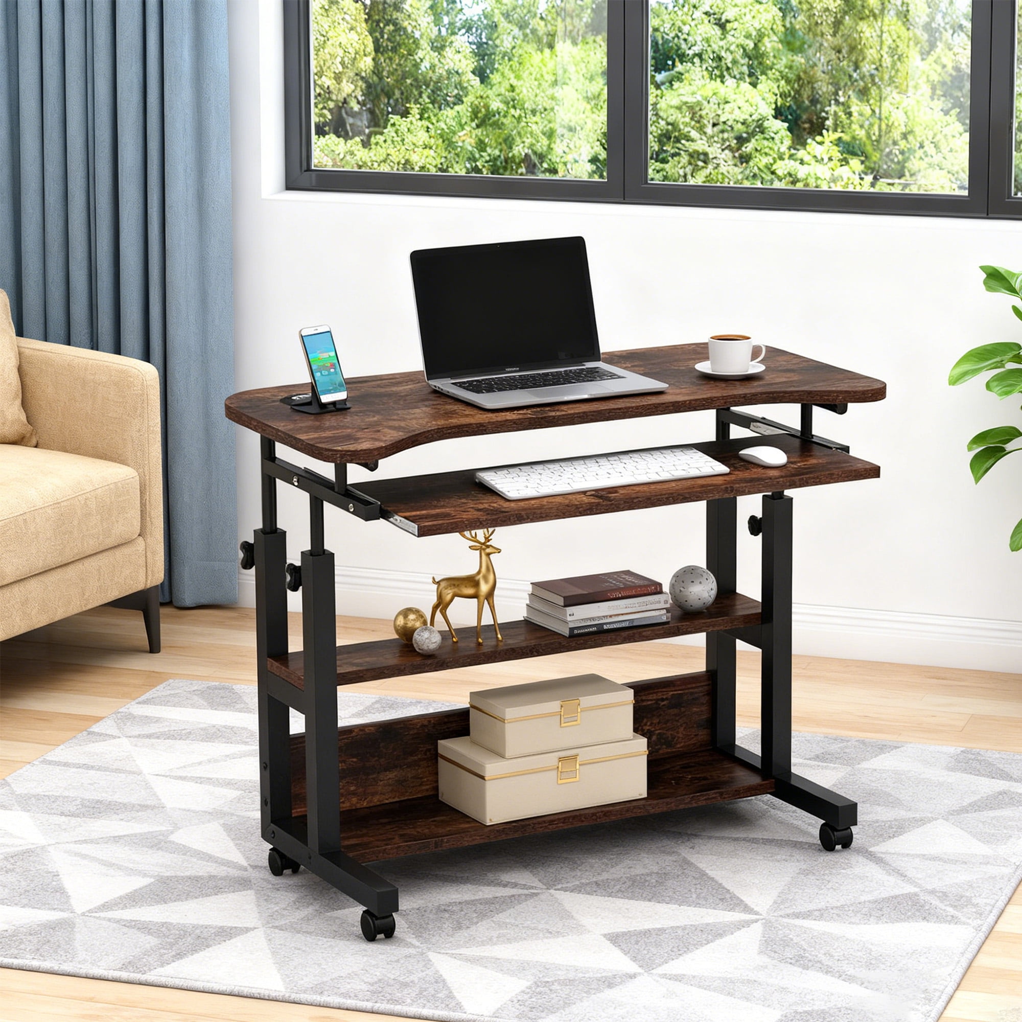 KIOOTTO Height Adjustable Mobile Desk with Power Outlet, Wireless Charging, Keyboard Tray and Locking Wheels, Walnut