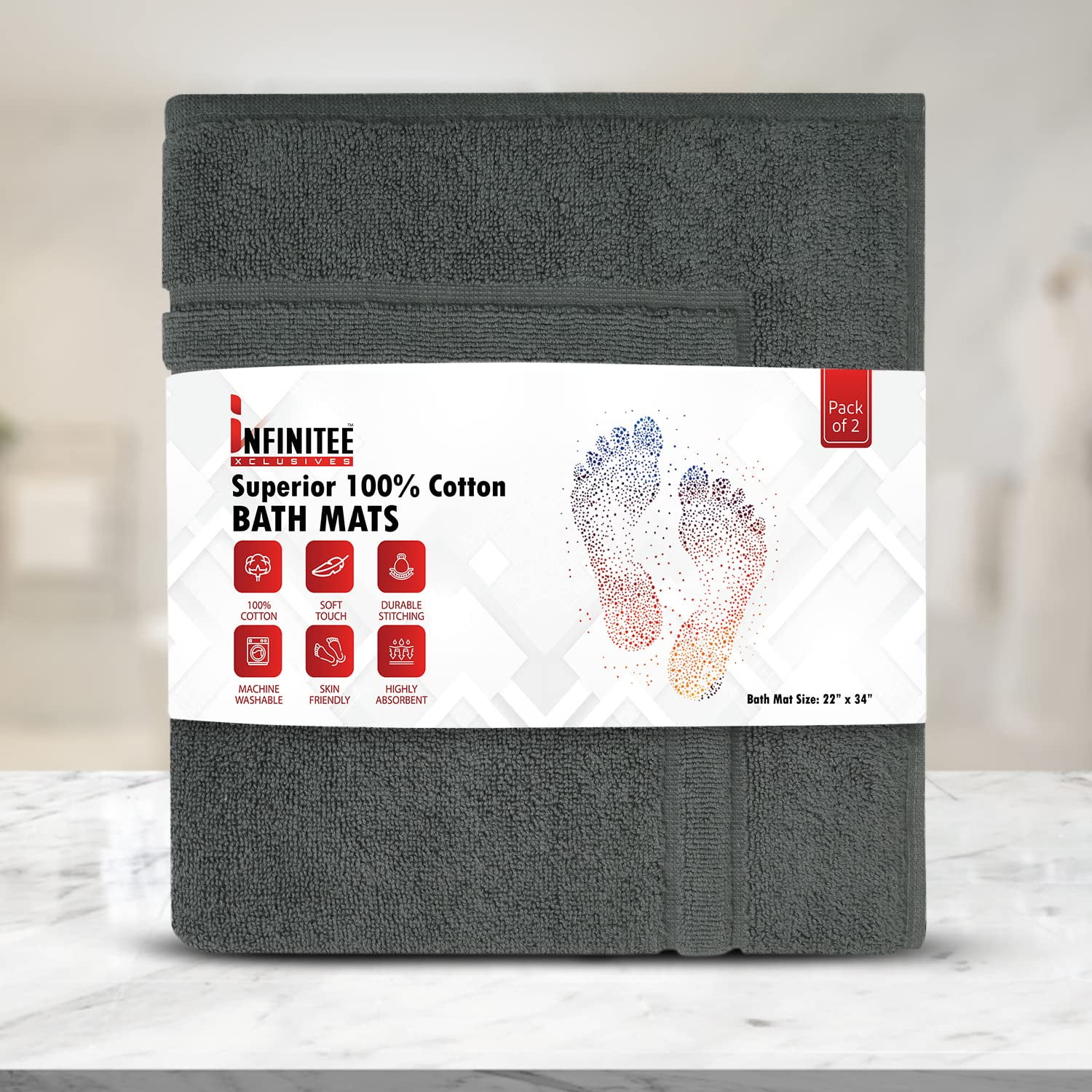 Premium Cotton Banded Dark Grey Bath Mats Pack of 2, 22x34 inches [Not a Bathroom Rug] - Infinitee Xclusives