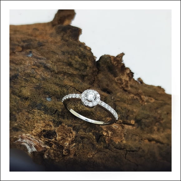 Poshadime Double Halo Engagement Ring - 18K White Gold Plated 1/2 Cttw Round Cut Simulated Diamond ( VVS1-VVS2 Clarity, White Color), Ring Size-7.5"