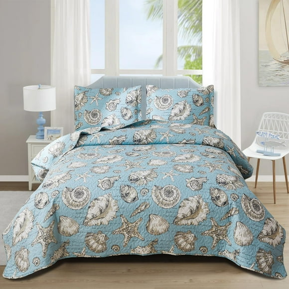 Junsey Ensemble de Courtepointes de Plage Taille Très Grand Thème Océan Couvre-Lits, 3 Pcs Coquillage Conque Étoile de Mer Ensemble de Literie Léger Réversible avec Taies d'Oreiller, Bleu