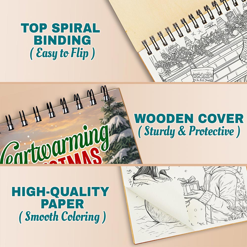 Netecom Heartwarming Christmas Coloring Book Spiral Bound For Adults, A5 Wooden Cover, 30 Enchanting Coloring Pages of Christmas Traditions for Stress Relief and Relaxation