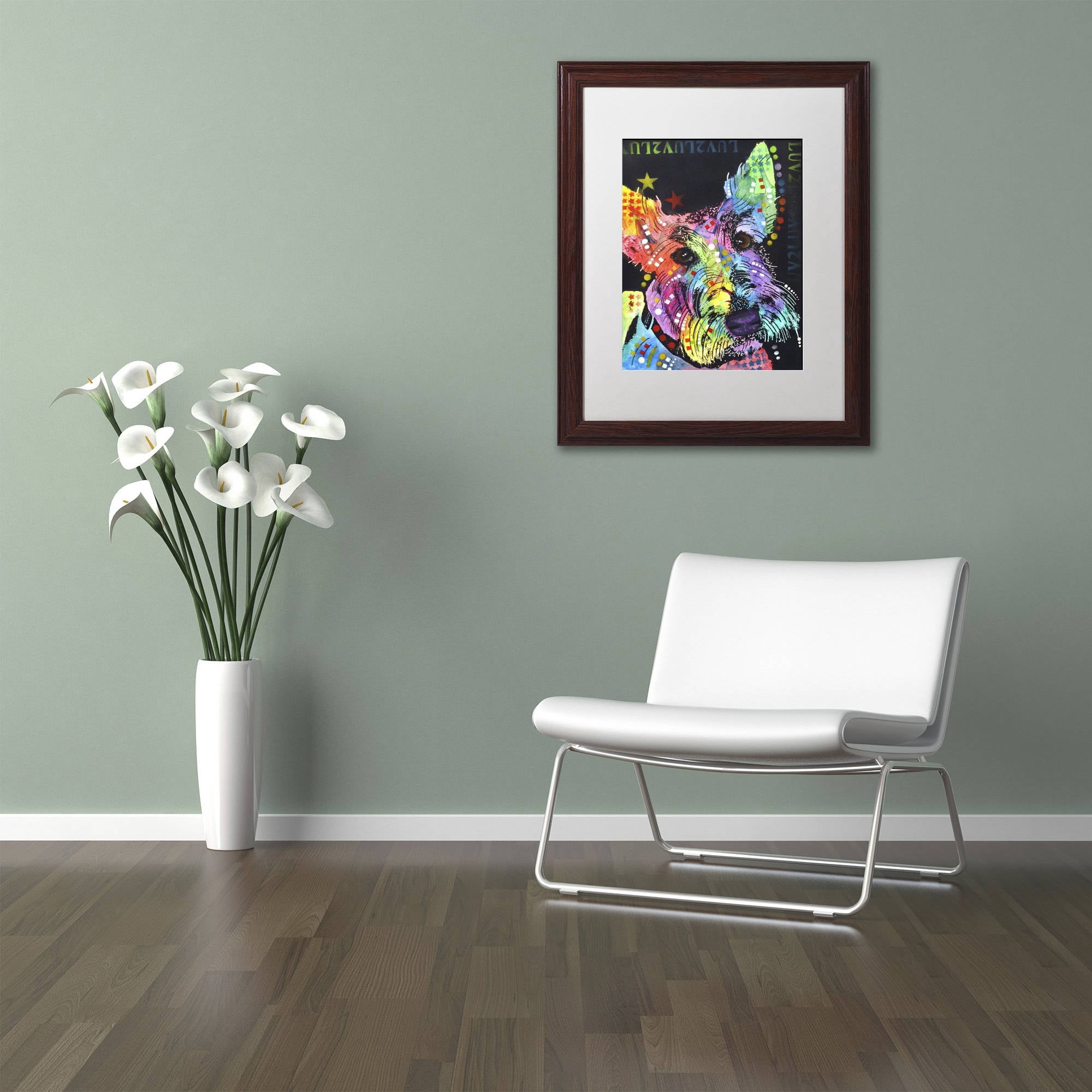 Trademark Fine Art "Scottish Terrier" Canvas Art by Dean Russo, White Matte, Wood Frame