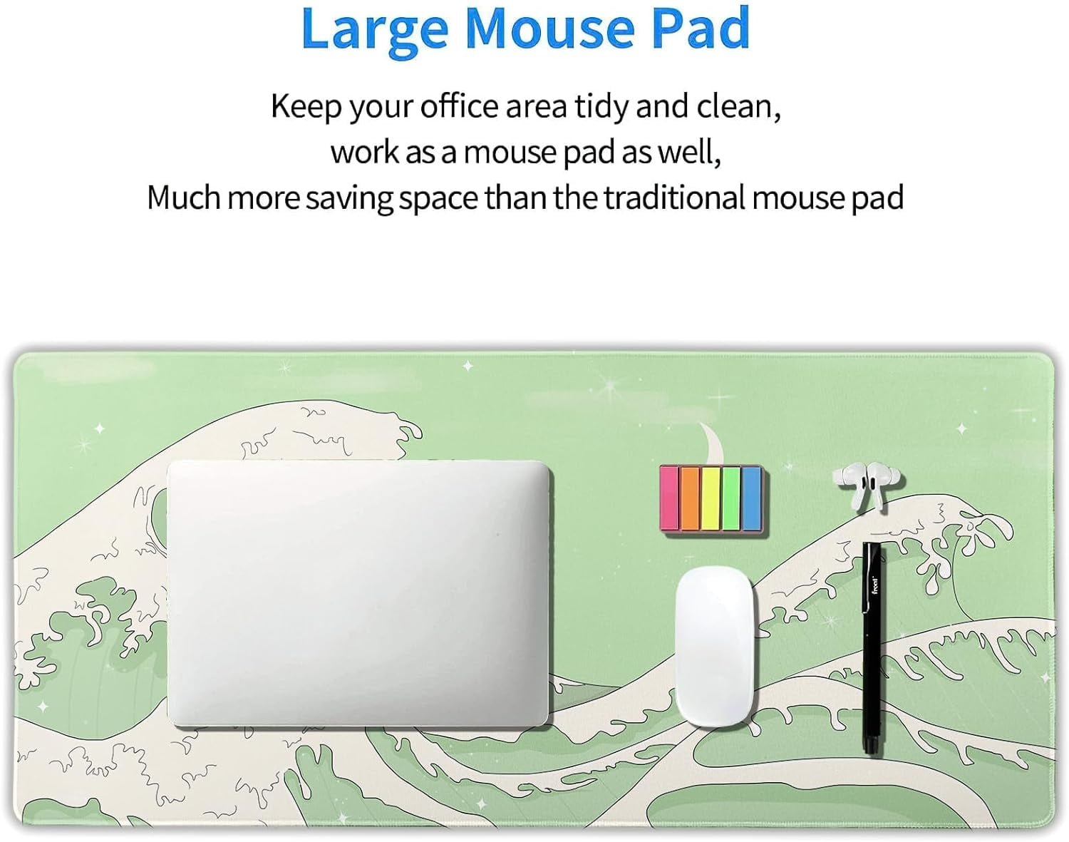 Matcha Green White Japanese Anime Gaming Mouse Pad XXL Cute Kawaii Sage Aesthetic Sea Wave Extended Large Desk Mat Non-Slip Rubber Base Stitched Edge Keyboard Mousepad for PC Laptop,35.4×15.7 in