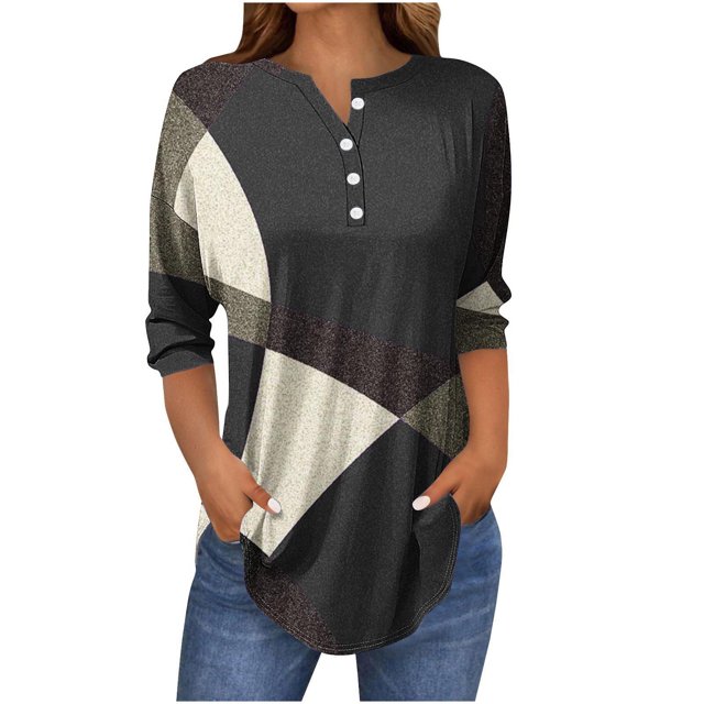 SwiftWear Blouse for Women Trendy 3/4 V-Neck Button Tops Summer Geometric Patterns Casual Tees 2025