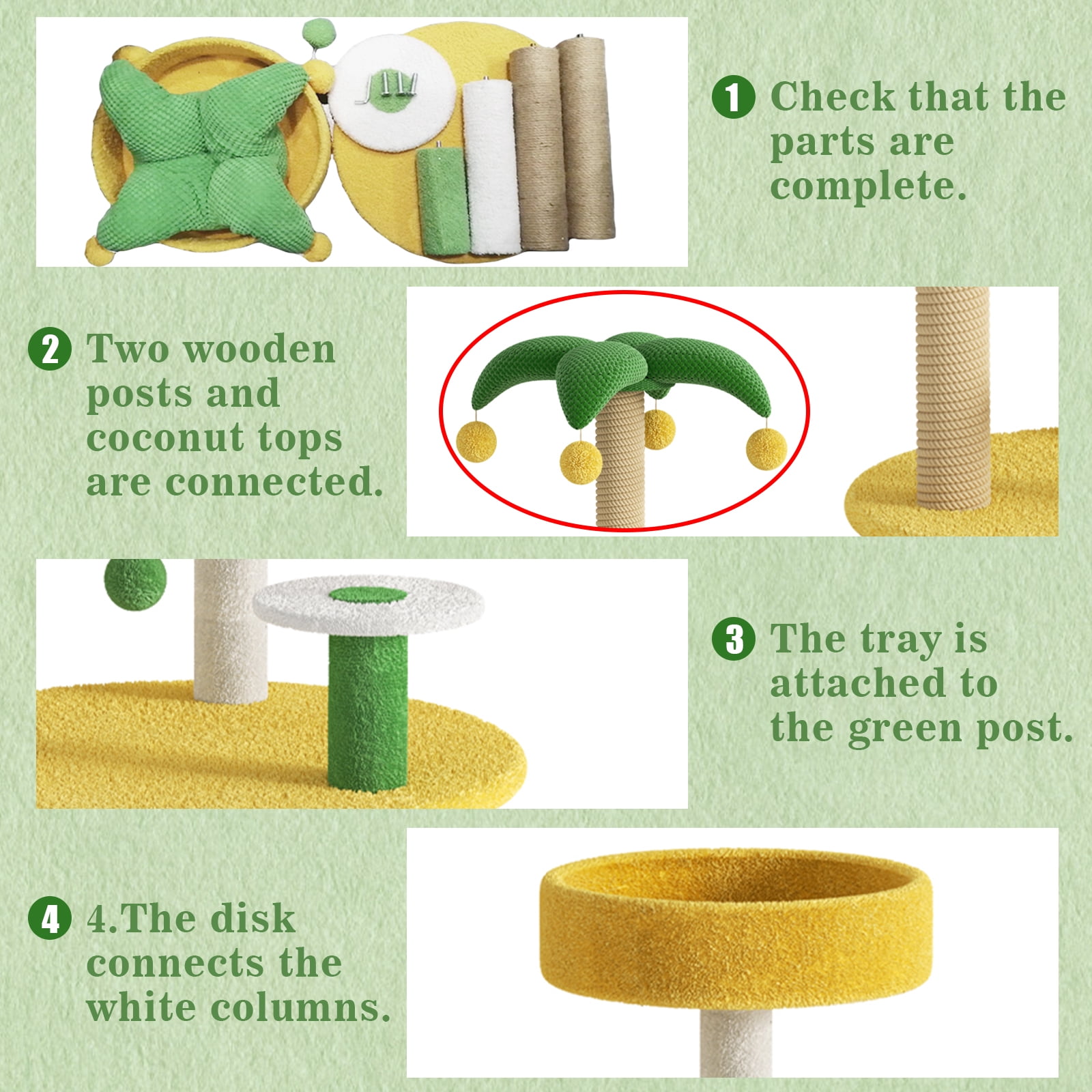 VIVBOO Cat Tree 27.6 inch Tower for Indoor Cats Yellow Green Coconut Cat Scratching Post.
