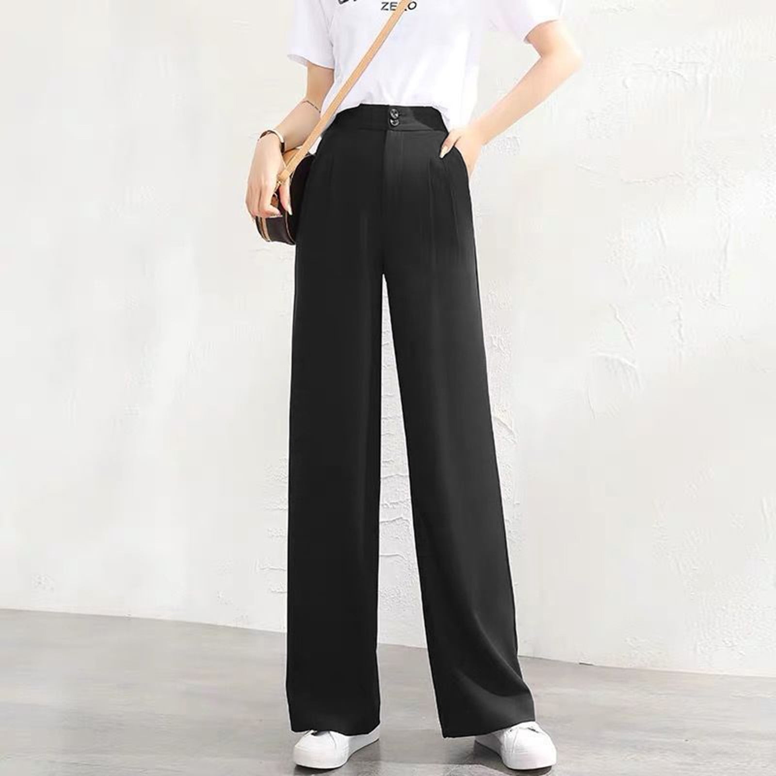 WANYNG women's pants Women's Wide Leg Pants High Elastic Waisted In The  Back Business Work Trousers Long Straight Suit Pants For Summer Dress Black  S 