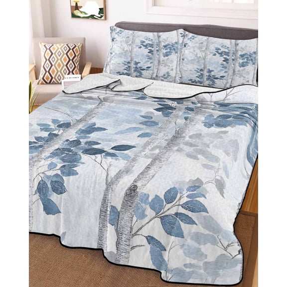 Blue Grey Leaves Queen Size Down Alternative Comforter, Lightweight Comforter Quilt Bedding Set with Pillow Shams Watercolor Branches Vintage Forest All Seasons Bed Comforter Duvet Insert 90"x96"