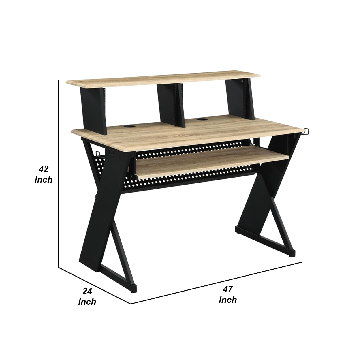 Tin 47 Inch Wood Music Desk Studio Station, Keyboard Tray, Shelves, Brown - Saltoro Sherpi